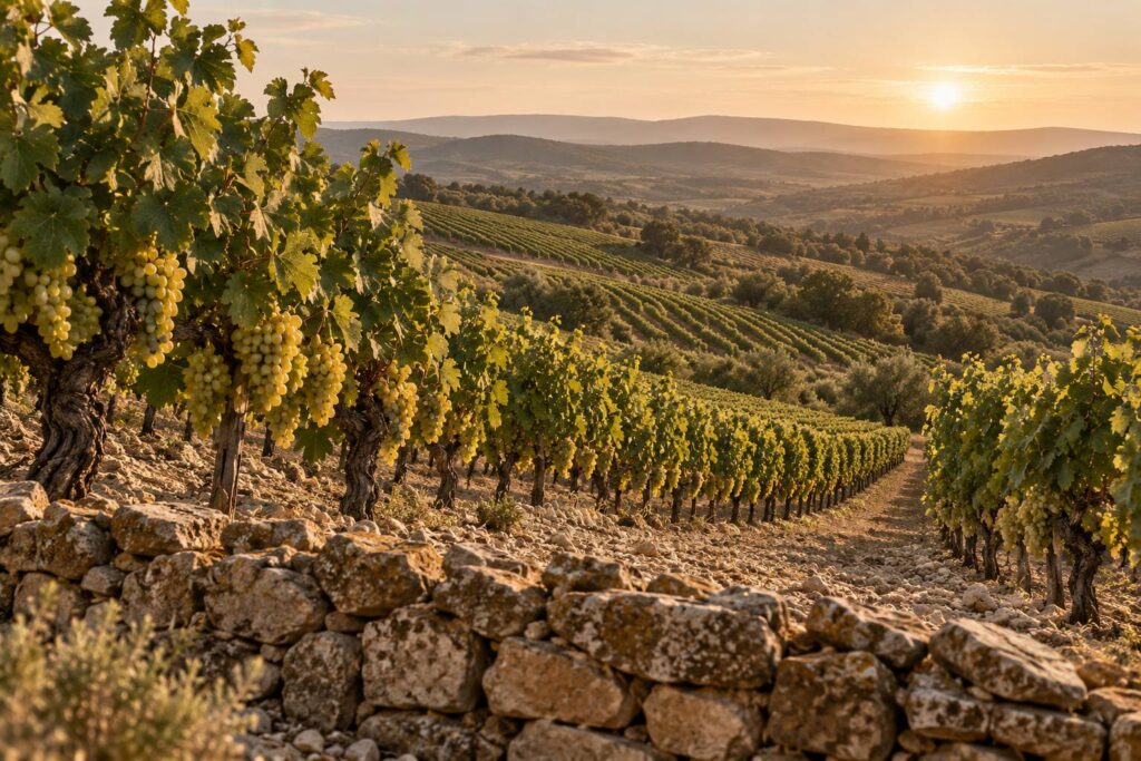 Vignoble en coteaux avec rangs de vigne aux grappes de raisin blanc sous une lumiere doree