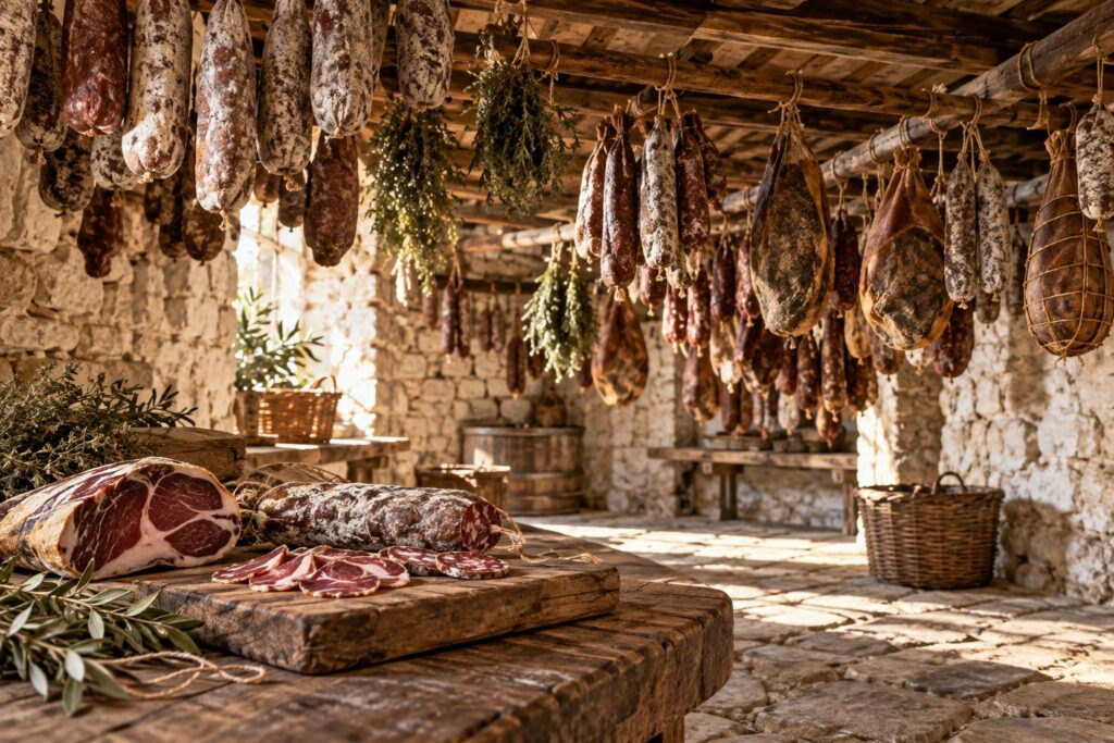 Cave de séchage avec charcuteries suspendues à des barres de bois et planche de tranches