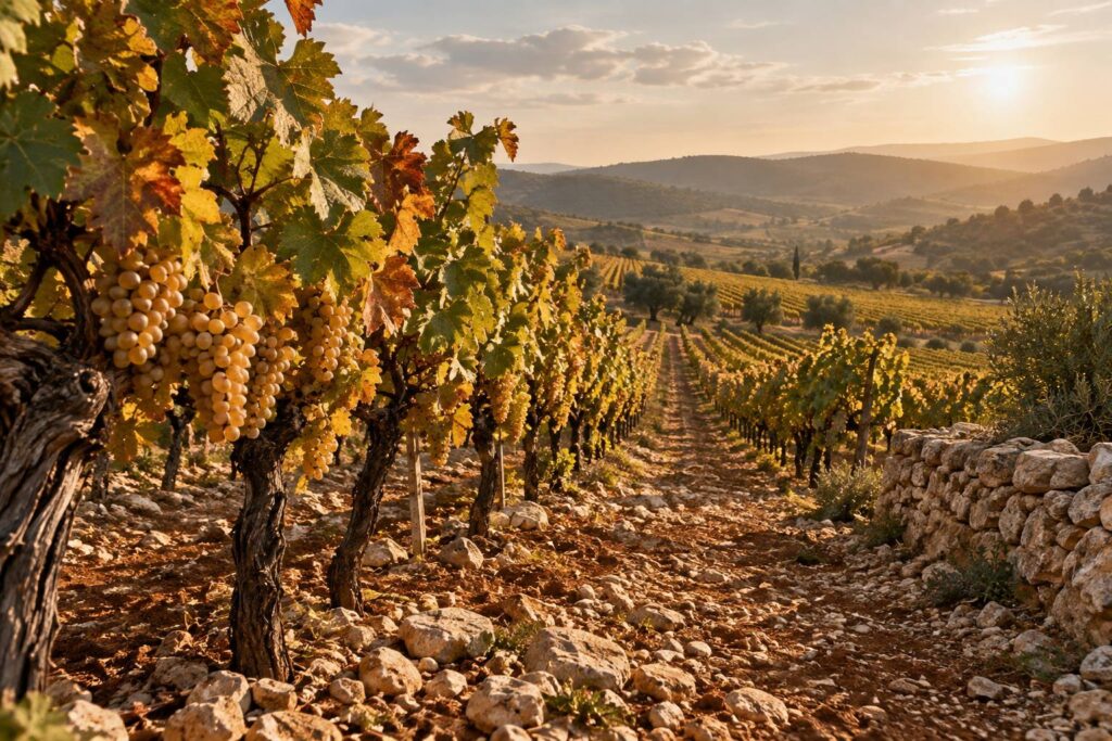 Vignes aux grappes de raisin blanc doré dans un paysage ensoleillé d'automne