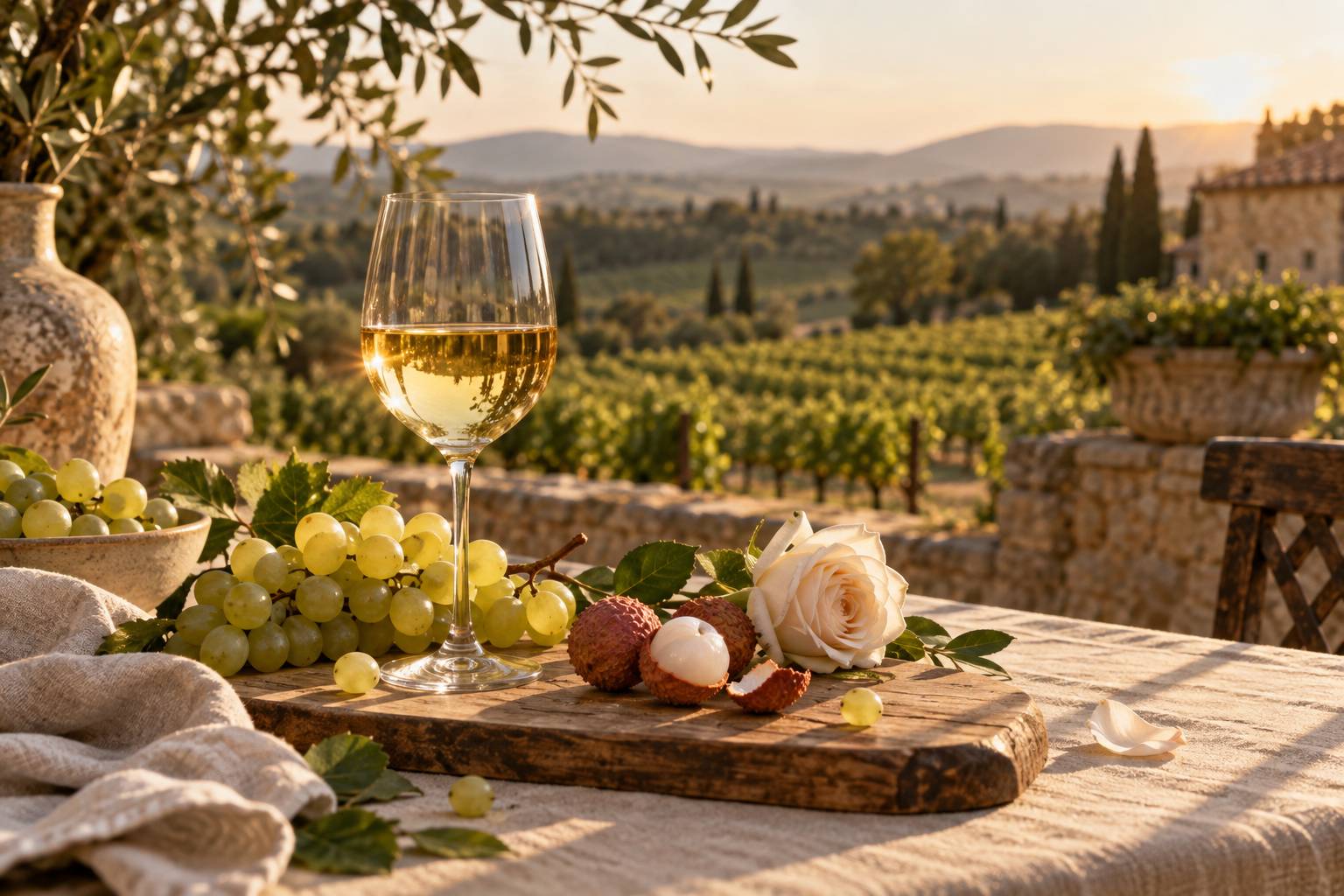 Verre de vin blanc et grappes de raisin doré sur une table de dégustation