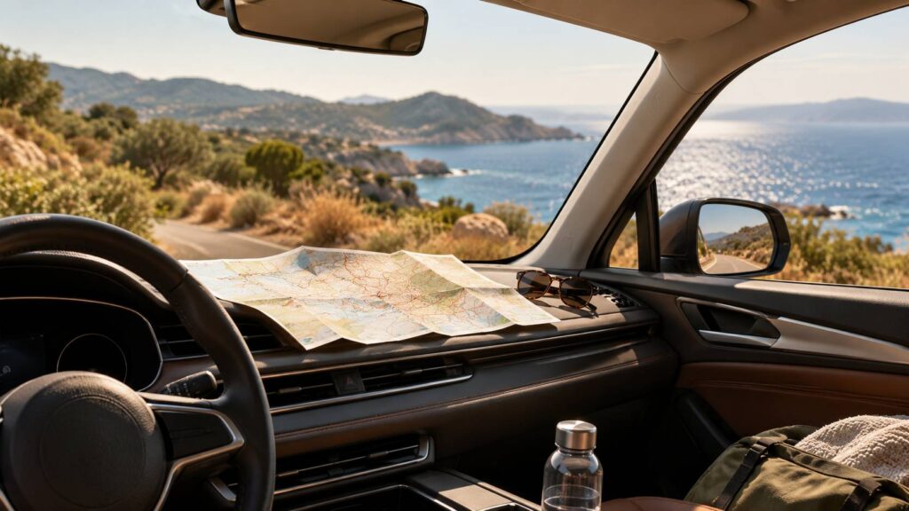 Intérieur de voiture avec volant neutre, carte routière pliée et bord de mer flou