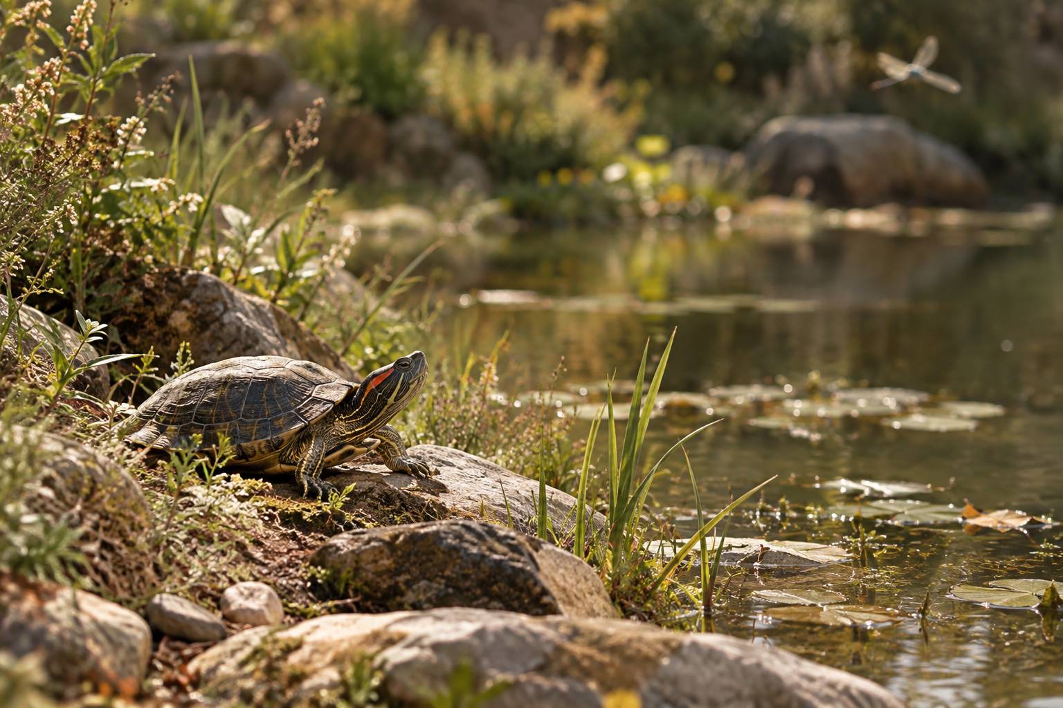 Tortue exotique pres de l'eau parmi les herbes en bordure d'etang